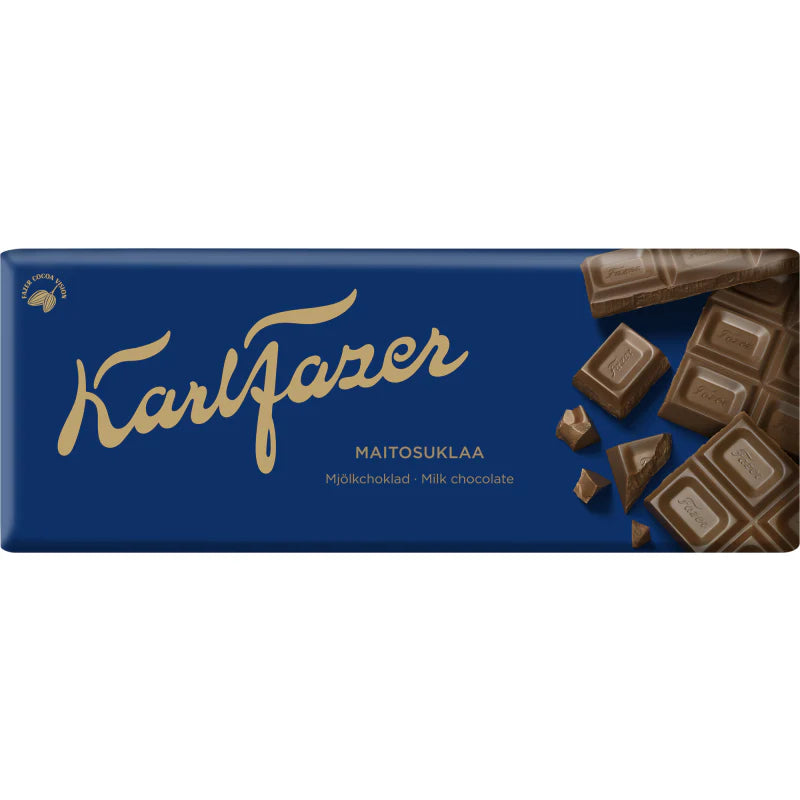 A blue and gold Fazer wrapper displays creamy chocolate squares and the words "Maitosuklaa" and "Milk chocolate"—highlighting Fazer Milk Chocolate, an iconic Finnish treat from the brand Fazer.