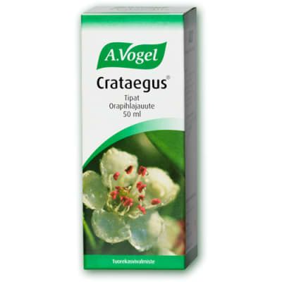 A 50 ml box of A.Vogel Crataegus is shown with a close-up of a white hawthorn flower and green leaves. The packaging features product details in Finnish and highlights this herbal remedy with Crataegus hawthorn extract.