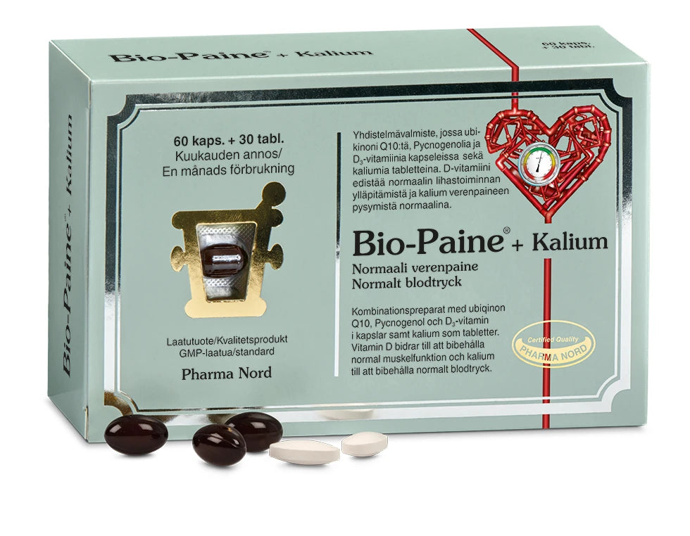 A box of Pharma Nord’s Bio-Bloodpressure + Potassium dietary supplement with Q10, showing the product name, heart design, and three pills (two dark, one white) in front. The packaging features text in Finnish and Swedish.