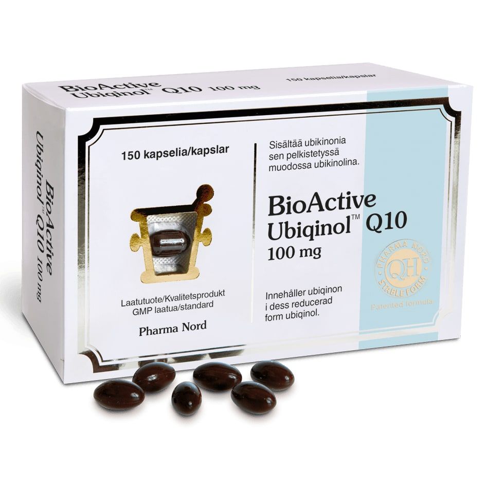 A box of Pharma Nord BioActive Ubiqinol Q10 100 mg, containing 150 capsules, with several dark oval capsules placed in front.