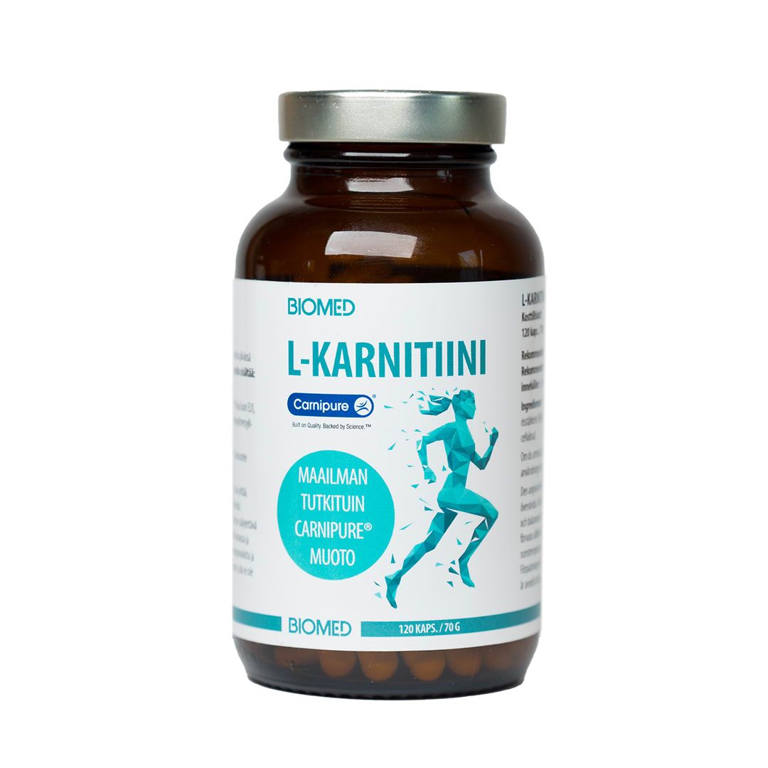 A brown Biomed bottle labeled CarnipureĀ® L-Carnitine with blue and white text features a running figure. The Finnish label highlights 120 vegan capsules, supporting energy metabolism with L-Carnitine tartrate.