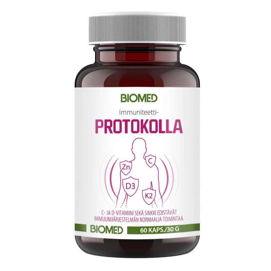 Une bouteille de Biomed Immunity Protocol (60 gélules) de Biomed comporte un étiquetage finlandais avec une silhouette humaine et des icônes représentant le zinc, la vitamine D3, la vitamine K2 et le phytosome de quercétine pour renforcer les défenses immunitaires.
