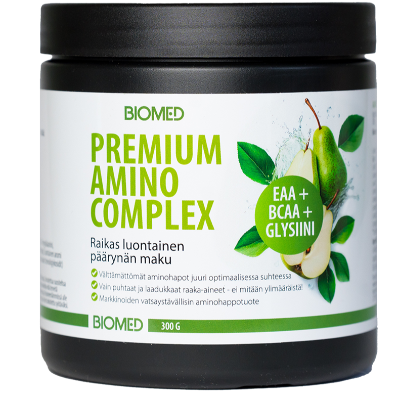 A 300g black plastic container of Biomed Premium Amino Complex by Biomed, featuring green and white labeling with pears, highlights its essential amino acids and glycine for recovery support.