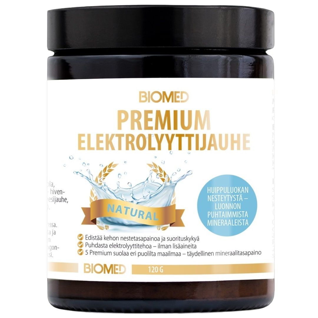 A 120g jar of Biomed Premium Electrolyte Powder Natural by Biomed, with a white label, gold and blue accents, water splash graphics, and Finnish text. This sugar-free formula supports hydration.