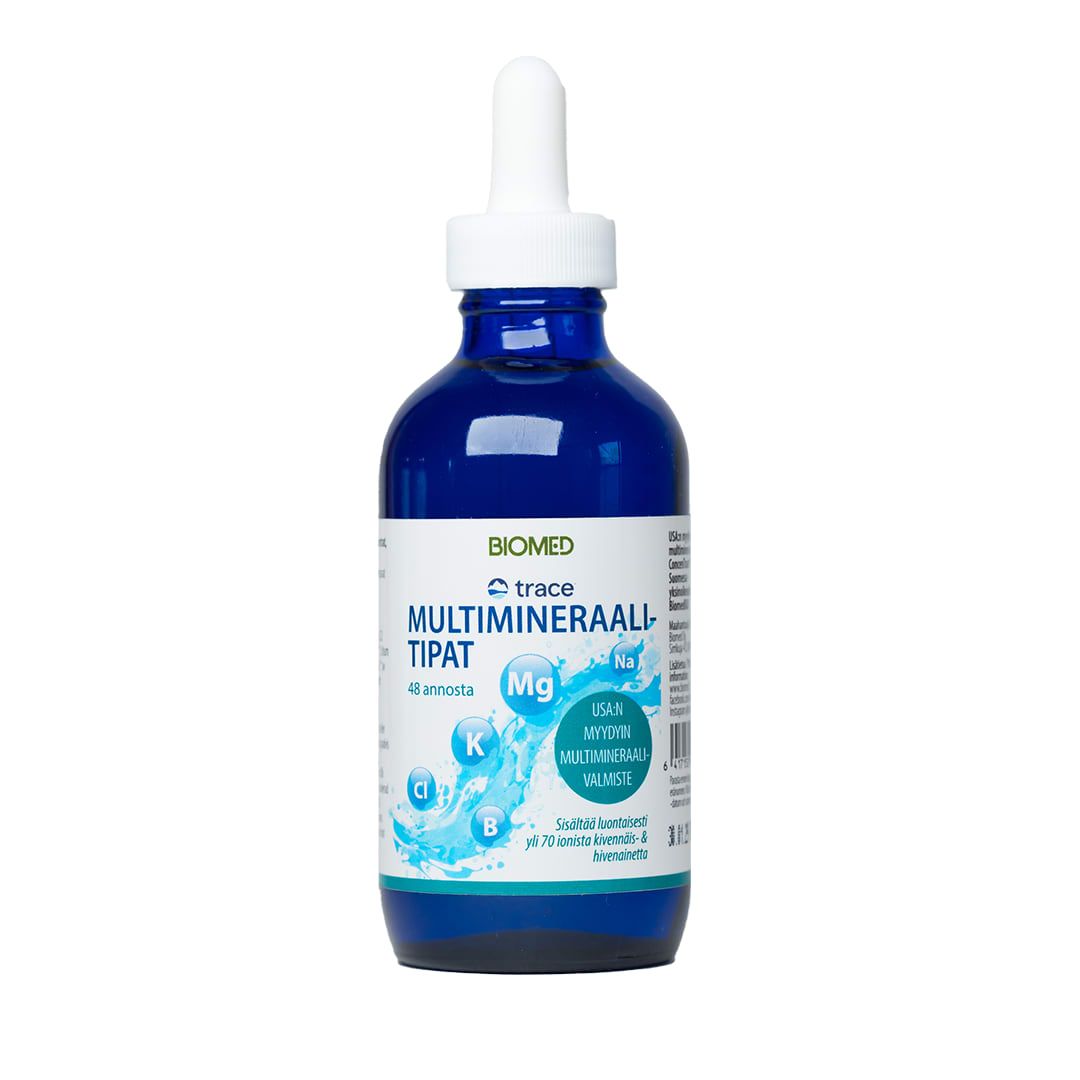 A blue Biomed Trace Multimineral Drops bottle with a white dropper cap, labeled in Finnish and adorned with ionic mineral icons (magnesium, potassium, sodium) and a water splash design, highlights this potent multimineral concentrate.