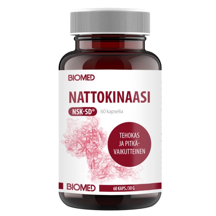 A bottle of Biomed Nattokinase NSK-SD® (60 capsules) features mostly white and red Finnish labeling with a pink molecular graphic. Contains NSK-SD nattokinase enzyme, inspired by the Okinawan diet. Brand: Biomed.