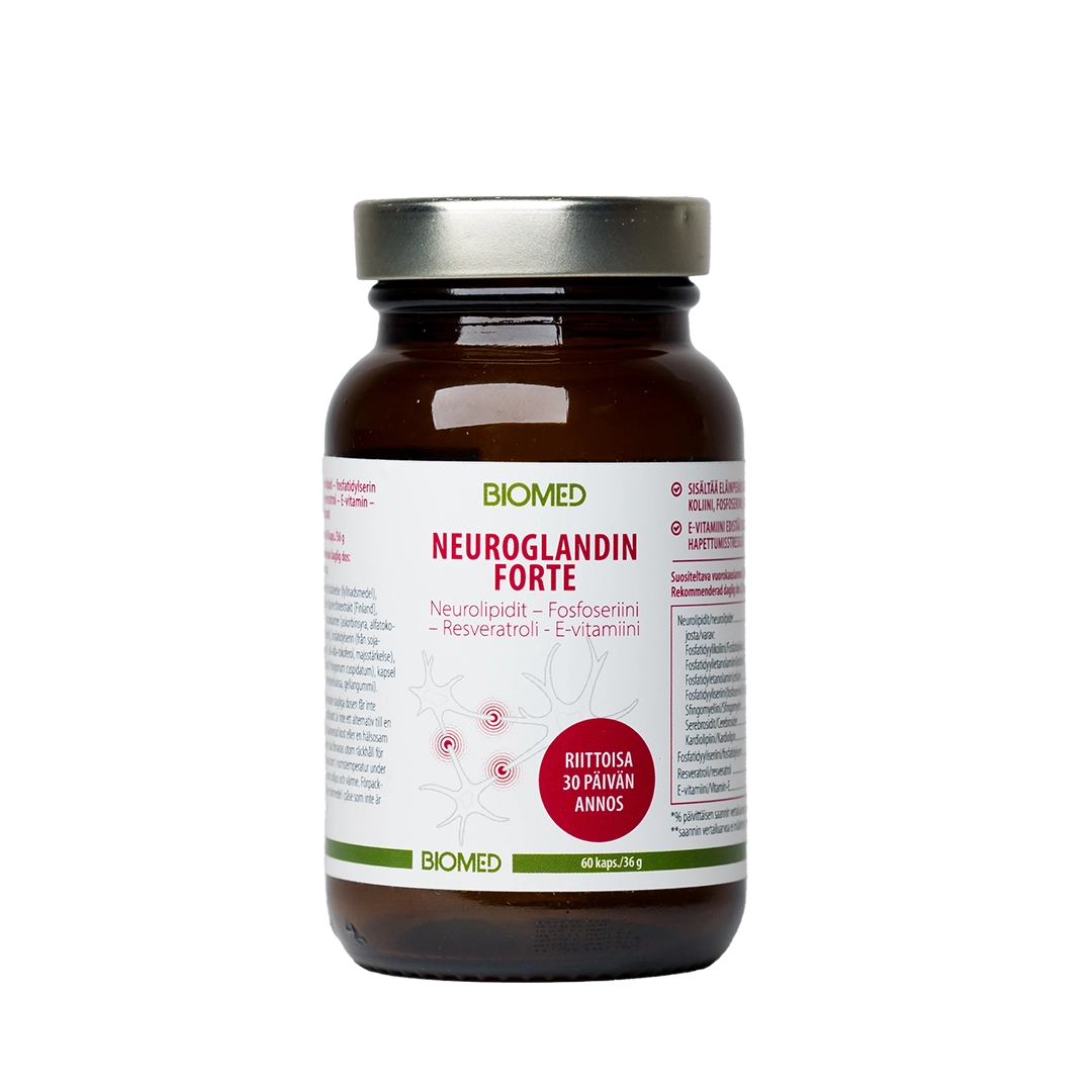 A brown Biomed Neuroglandin Forte glass bottle with a silver lid, labeled in Finnish with animal-derived phospholipid ingredients, dosage info, and red molecular graphics, highlighting its neurological health supplement benefits.