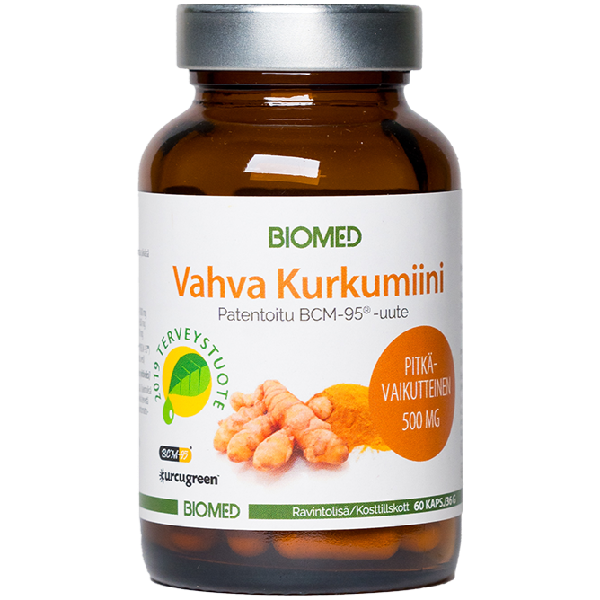 A brown glass bottle labeled Biomed Strong Curcumin by Biomed, featuring turmeric roots and powder, contains 60 capsules of 500mg Curcugreen turmeric extract, a premium curcumin supplement.