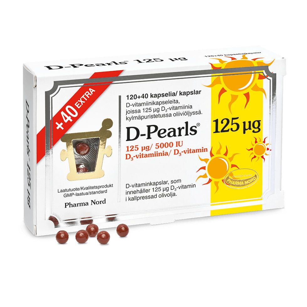 A box of Pharma Nord D-Pearls 125 mikrog vitamin D3 features a sun graphic, Finnish labeling, and small brown capsules in front. The pack notes 120+40 extra capsules and contains cold pressed olive oil.