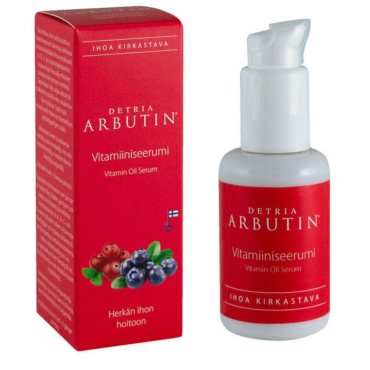 A red box and matching pump bottle of Detria Arbutin Vitamin Oil Serum by Detria Arbutin, a skin rejuvenating serum for sensitive skin, with berry images and a Finnish flag featured on the packaging.