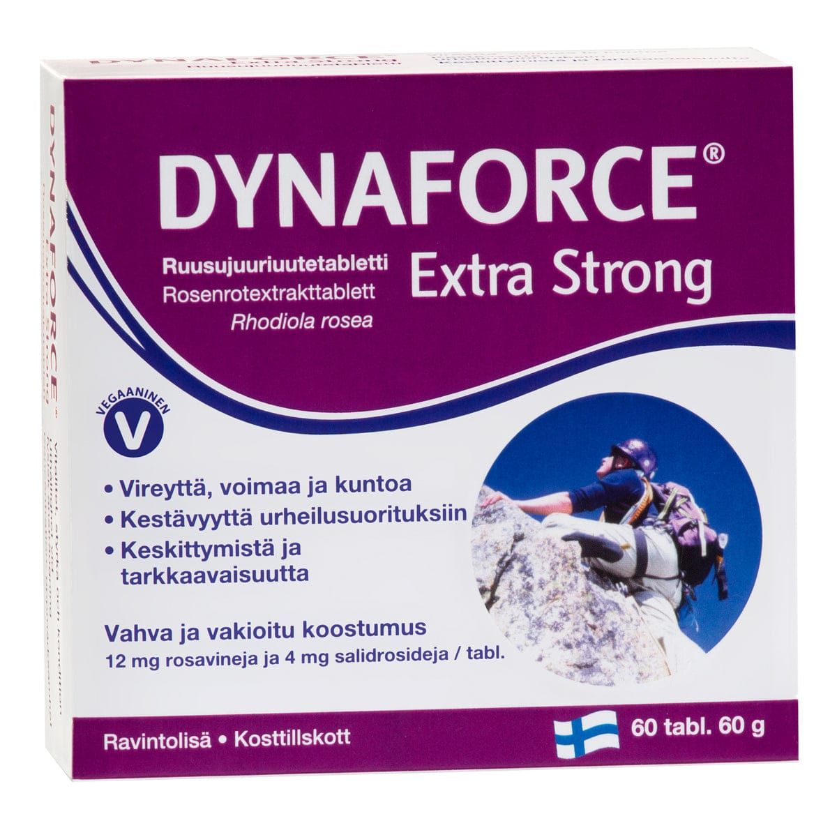 A box of Hankintatukku Dynaforce Extra Strong features Finnish text, a vegan icon, a climber on rocks, and the Finnish flag. Contains 60 Rhodiola rosea (golden root) tablets (total 60g).