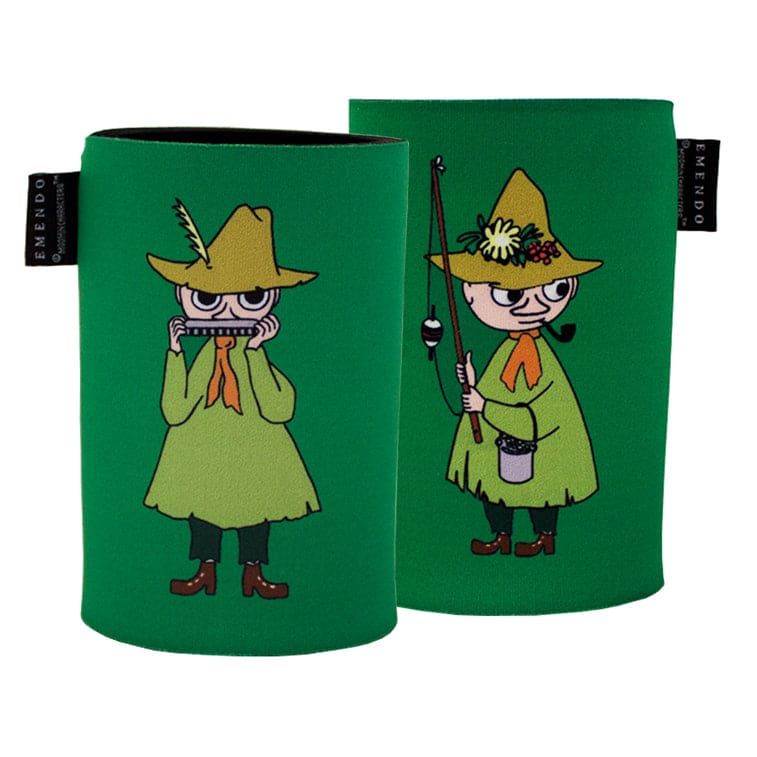 The Emendo Moomin Cooler Snufkin set includes two green neoprene can coolers with Snufkin characters in green outfits, brown boots, and hats—one playing harmonica, the other with a fishing rod and bucket.