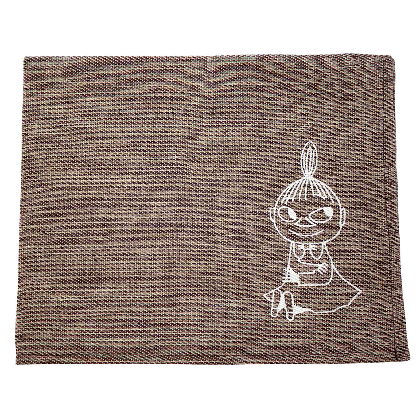The Emendo Little My Seat Cover is a brown linen sauna accessory featuring a white line drawing of Moomin’s Little My in her signature topknot and dress, perfect as a stylish placemat or sauna seat cover.