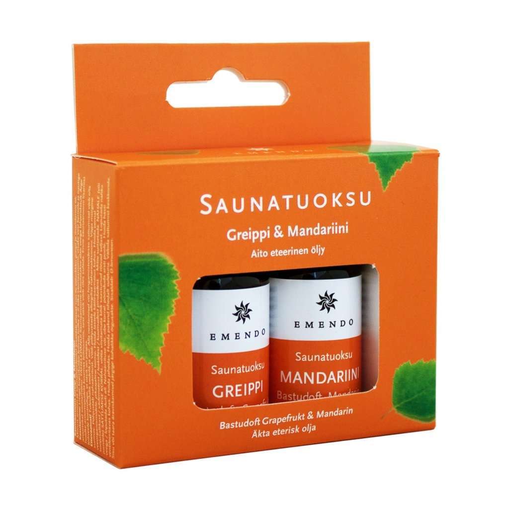 The Emendo Sauna Fragrance Grapefruit & Mandarin 2-pack includes two small bottles of refreshing essential oils, perfect for enhancing your sauna experience.