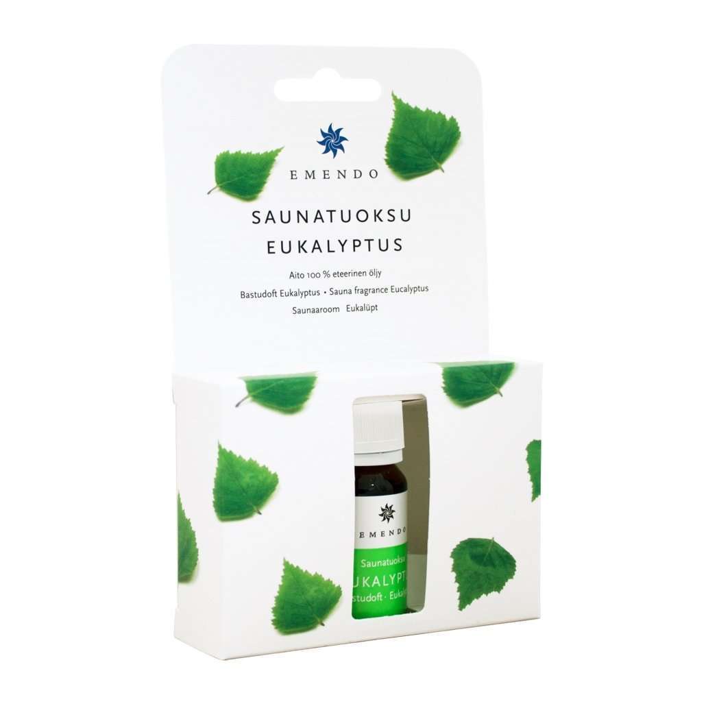 Emendo Sauna Fragrance Eucalyptus comes in a small white box with green leaf designs, a cutout display for the bottle, and bilingual Finnish-English text describing the product.