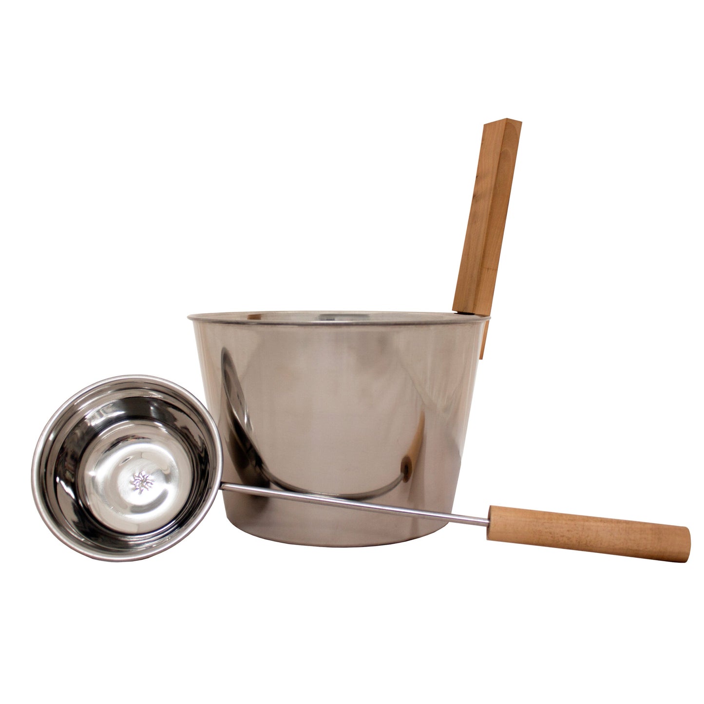 The Emendo Sauna Bucket & Ladle Steel set by Emendo features a stainless steel bucket with a wooden handle and a matching ladle, both essential sauna accessories.
