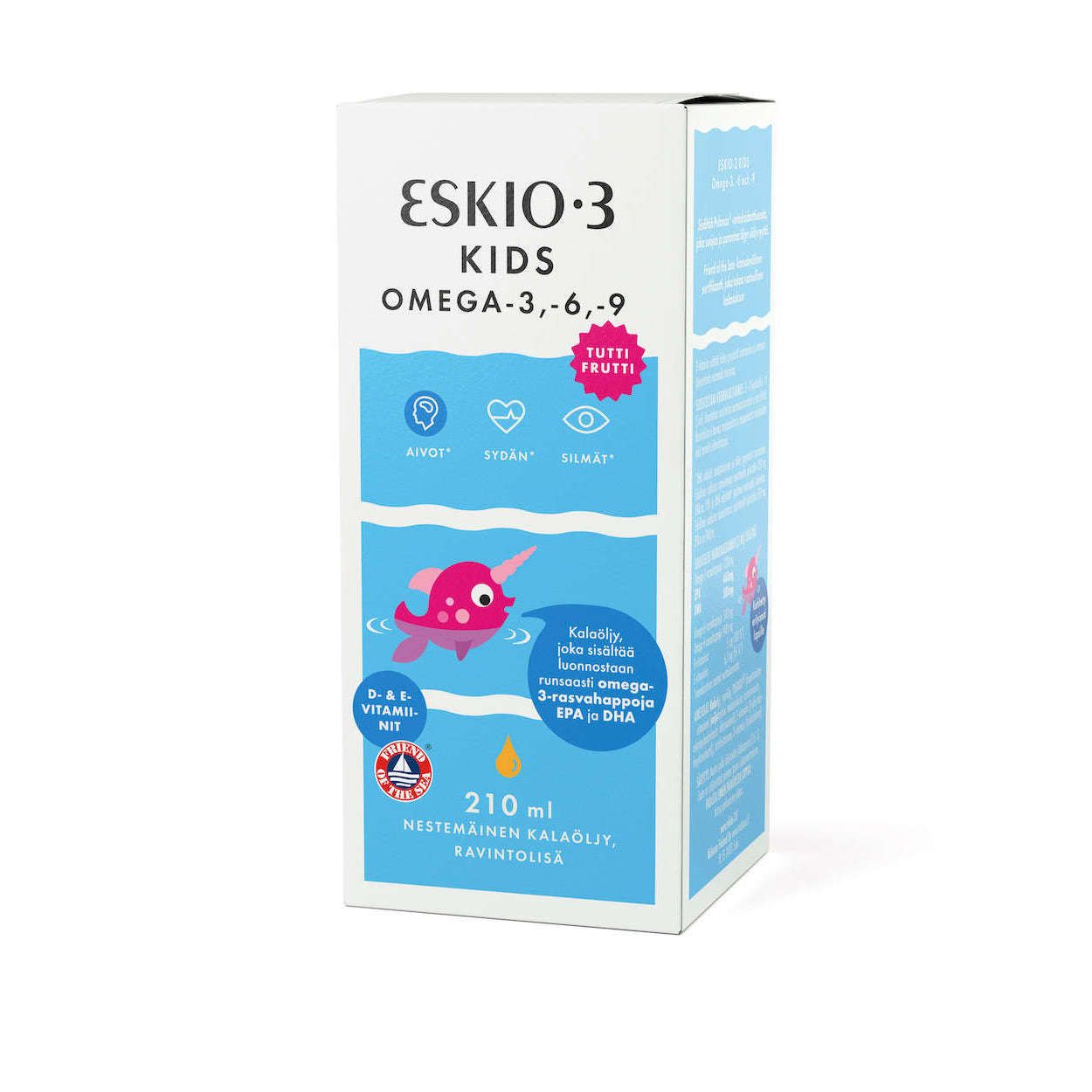 Una confezione da 210 ml di Eskio-3 Kids Fish Oil Tuttifrutti di Eskio-3, con un pesce rosa disegnato, sfondo blu e bianco, icone colorate, gusto tutti frutti e antiossidante PUFANOX per un supporto aggiuntivo.