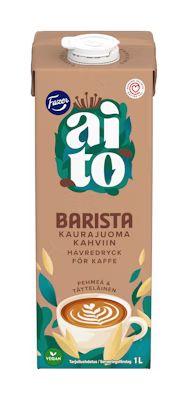A 1-liter carton of Fazer Aito Oat Drink Barista by Fazer, designed for coffee. The packaging features oat stalks, coffee beans, a latte art cup on a brown and teal background, and is labeled vegan.