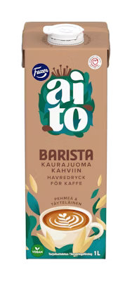 A 1-liter carton of Fazer Aito Oat Drink Barista by Fazer, designed for coffee. The packaging features oat stalks, coffee beans, a latte art cup on a brown and teal background, and is labeled vegan.