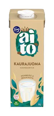 A 1-liter beige carton of Fazer Aito Oat Drink by Fazer, made from Nordic oats, is shown with green leaves, a glass of the plant-based vegan beverage, and text in Finnish and Swedish.