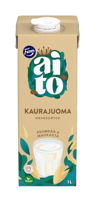 A 1-liter beige carton of Fazer Aito Oat Drink by Fazer, made from Nordic oats, is shown with green leaves, a glass of the plant-based vegan beverage, and text in Finnish and Swedish.