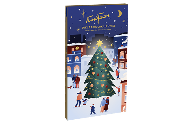 The Fazer Christmas Calendar features Finnish milk chocolates behind doors set in an illustrated snowy town square with people, a large Christmas tree, and a starry night sky. "Karl Fazer Suklaajoulukalenteri" is printed on top.