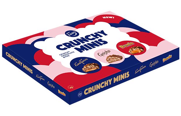 A rectangular Fazer Crunchy Minis Chocolate Bites box by Fazer features Finnish treats—Fazermint, Geisha, and Dumle—on a colorful background with clouds and bold lettering.