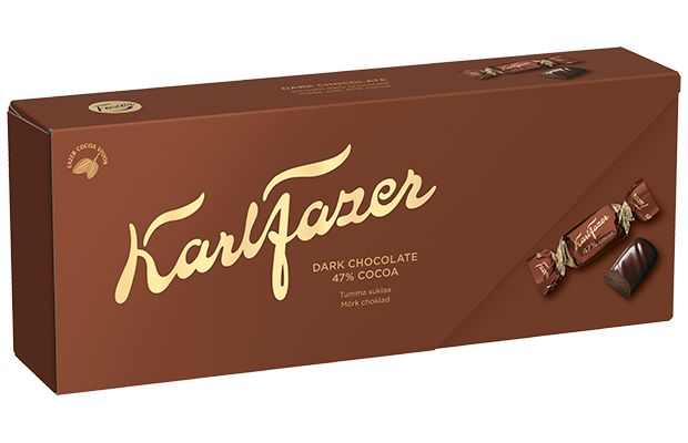 Fazer Dark Chocolate Praline, by Fazer, features 47% cocoa and highlights Finnish chocolate tradition. The rectangular brown box with gold lettering shows individually wrapped dark chocolate pralines on the right side.