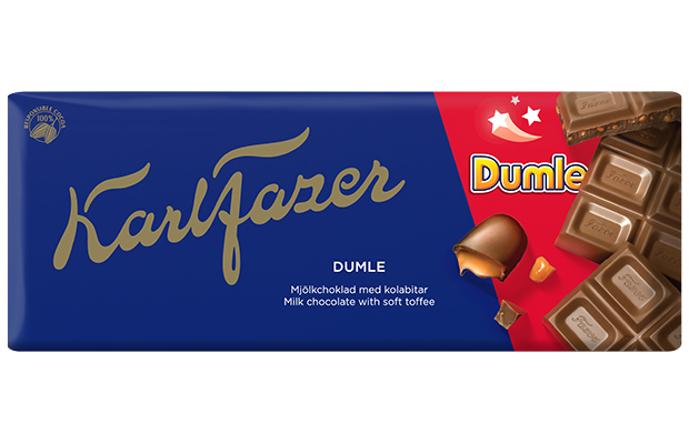Fazer Dumle Milk Chocolate by Fazer features soft toffee in milk chocolate, wrapped in blue and red packaging with gold lettering and the classic Dumle logo—a delicious Finnish chocolate treat.
