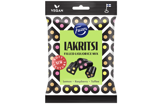 Fazer Filled Liquorice Mix by Fazer comes in black and white packaging with colorful candy illustrations, heart-shaped sweets in lemon, raspberry, and toffee flavors, plus vegan and Finnish flag symbols.