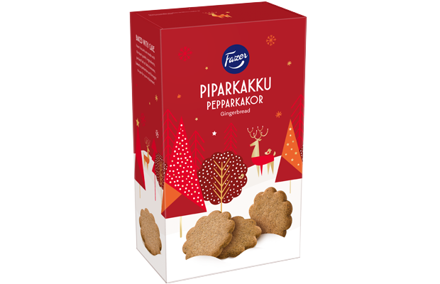 A festive red and white Fazer Gingerbreads box features Christmas trees, a reindeer, and round, flower-shaped cookies on the front—a perfect seasonal treat from Fazer.