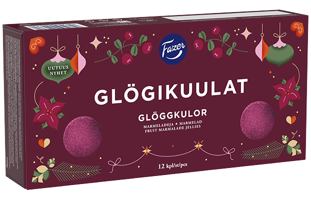 Fazer Glögg Jellies by Fazer come in a festive rectangular box with ornaments, flowers, and berries on a maroon background. Inside are 12 round, purple-red vegan and gluten-free jellies—perfect for the holidays.