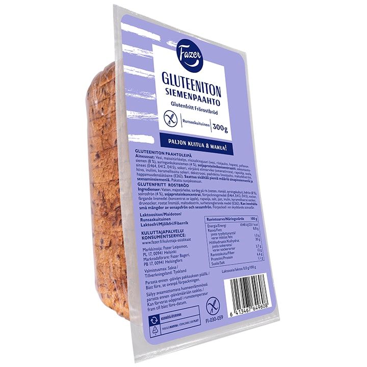 Packaged gluten-free bread with a purple label on a white background