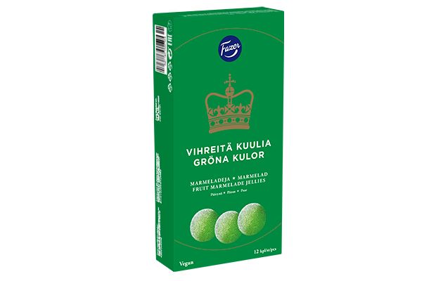 A green box of Fazer Green Jellies by Fazer, featuring sugar-coated round fruit marmalade candies and a gold crown design on the front.