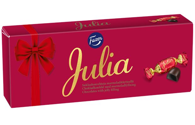 A rectangular red box of Fazer Julia Chocolate Praline by Fazer, featuring a red ribbon graphic, large gold "Julia" script, and images of a wrapped chocolate and one with jelly filling.