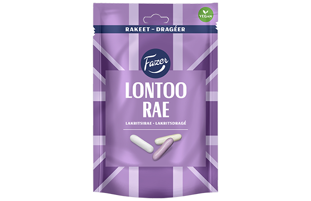 A purple resealable bag of Fazer London Drops by Fazer, a vegan licorice candy, features white and purple diagonal lines and images of three licorice pieces on the front.