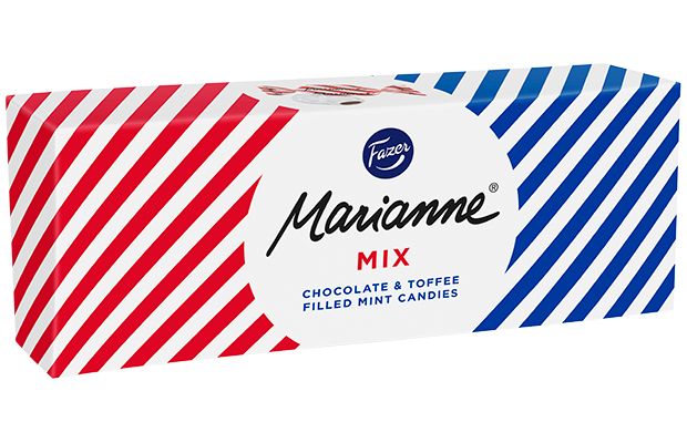 A rectangular box of Fazer Marianne Mix Finnish candy features peppermint candies with chocolate toffee filling, decorated with diagonal red and blue stripes and the Marianne logo in black script on a white background.