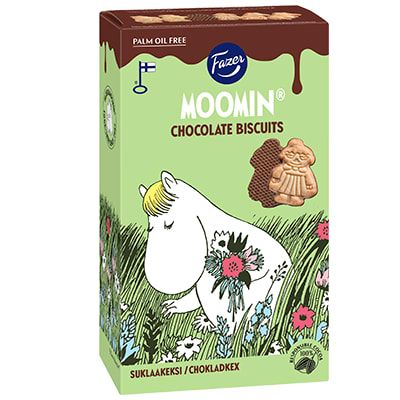 Fazer Moomin Chocolate Biscuits by Fazer come in a box showing a white Moomin among flowers. The packaging highlights Finnish Moomin-shaped chocolate biscuits that are palm oil free.
