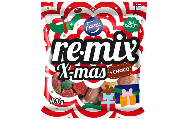 Enjoy 400g of Fazer Remix Xmas + Choco by Fazer—a limited-edition Finnish candy mix in festive red, white, and green Christmas-themed packaging, perfect for celebrating the holiday season with colorful candies.
