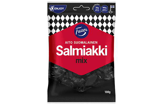 A 180g bag of Fazer Salmiakki Mix Salty Liquorice by Fazer, featuring a red and black checkered design, blue and white logo, and product info on the top corners.