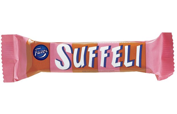 Suffeli candy bar with pink wrapper on a white background