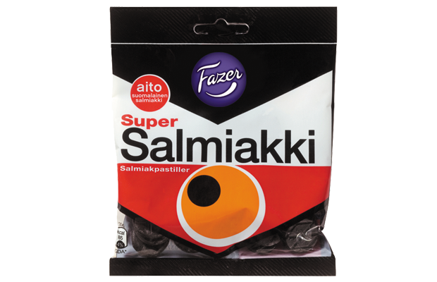 A bag of Fazer Super Salmiak Salty Liquorice pastilles from Fazer, with striking black, white, and red packaging—ideal for any Finnish candy lover.