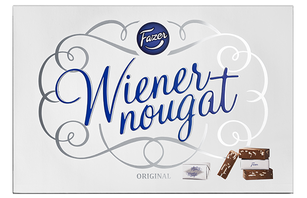 Fazer Wiener Nougat Almond Pralines by Fazer come in a white box with elegant blue script and swirls, featuring images of both wrapped and unwrapped almond pralines in the bottom right corner. A classic Finnish confectionery.