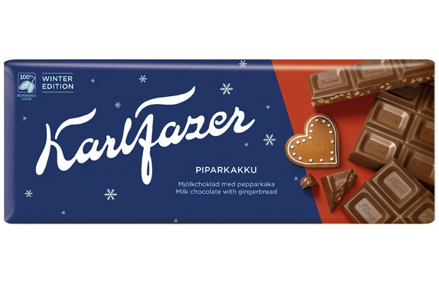 La confezione della barretta di cioccolato Fazer Winter Edition Gingerbread raffigura un biscotto di pan di zenzero a forma di cuore, pezzetti di cioccolato spezzettato, fiocchi di neve e grafiche festive, rendendola un perfetto dolcetto stagionale di Fazer.
