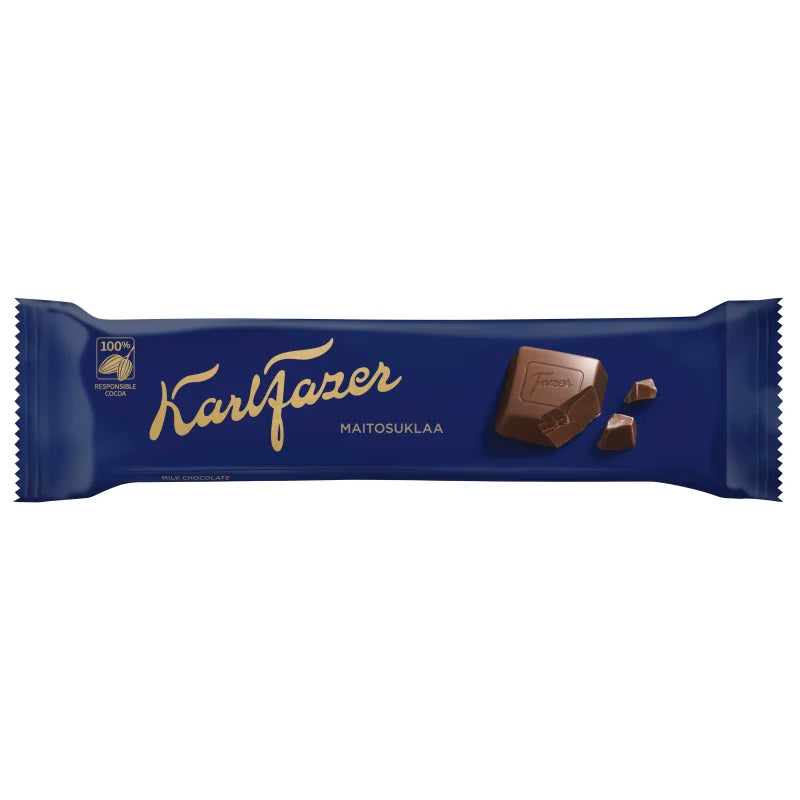 The Fazer Milk Chocolate Bar by Fazer comes in a blue wrapper with gold lettering, an image of chocolate pieces and squares, and features a logo for 100% responsibly sourced cocoa.