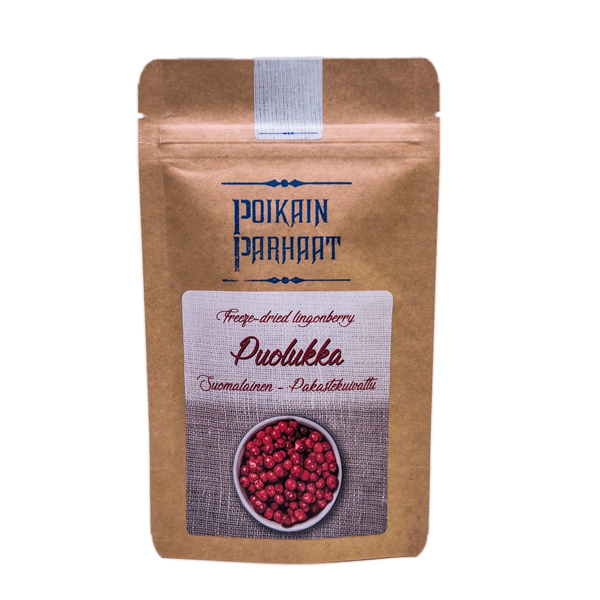 Un sachet refermable brun de Poikain Parhaat portant la mention « Finnish Freeze Dried Lingonberry » (airelles rouges finlandaises lyophilisées) présente un bol de baies riches en antioxydants et un texte en finnois sur le devant.