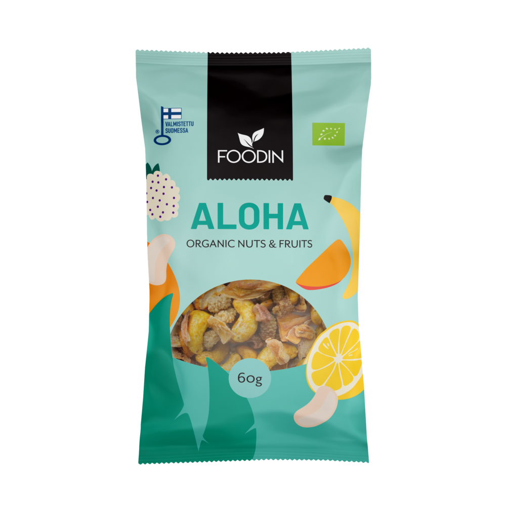 A turquoise 60g Foodin Aloha Organic Nuts & Fruits packet with vibrant fruit and nut art, a clear window showing the organic tropical snack mix, and labels indicating it's organic and made in Finland.