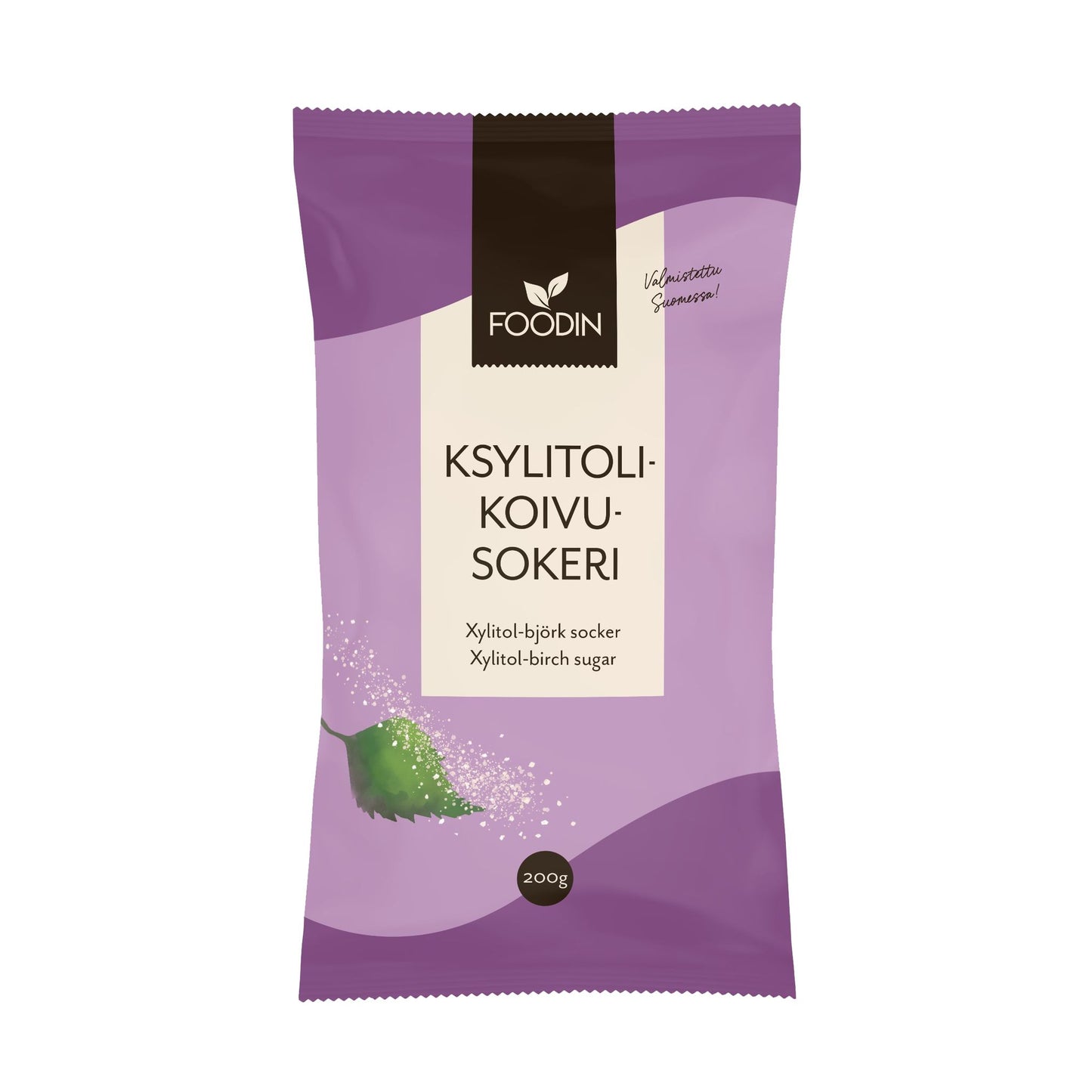 A purple and lavender Foodin bag labeled "Foodin Birch Sugar" contains 200g of xylitol, a natural sweetener. A green birch leaf with white granules features on the lower left. Text appears in Finnish, Swedish, and English.