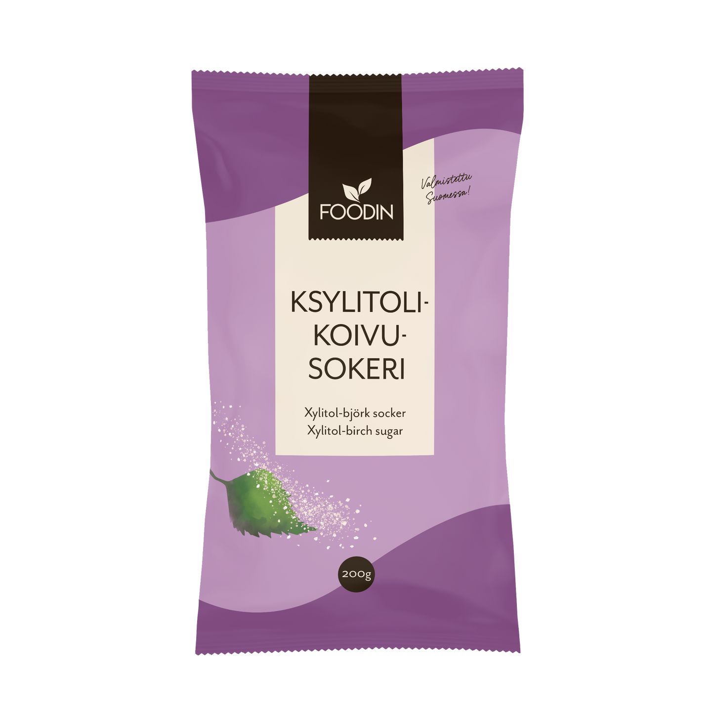 A purple and lavender Foodin bag labeled "Foodin Birch Sugar" contains 200g of xylitol, a natural sweetener. A green birch leaf with white granules features on the lower left. Text appears in Finnish, Swedish, and English.