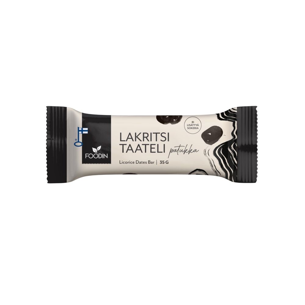 The Foodin Licorice Dates Bar is a 35g vegan, gluten-free snack in a beige and black wrapper with "Lakritsi Taateli" (Finnish for Licorice Dates) and licorice illustrations, perfect as a tasty energy bar option.